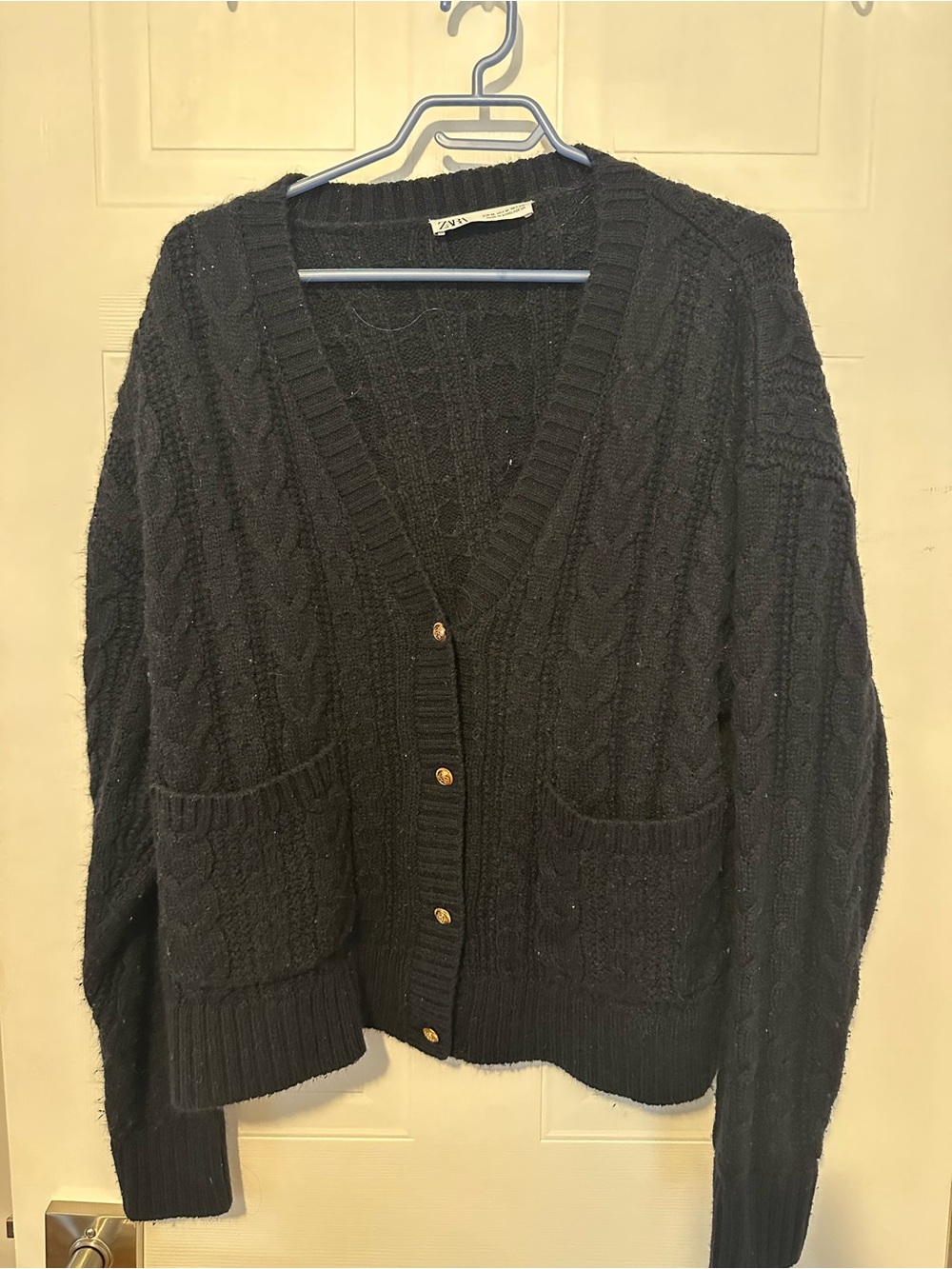 Zara Navy Cable Knit Button-Front Women's Cardigan Sweater